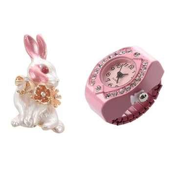 1 шт. Женские кварцевые карманные часы с кольцом из розового сплава и 1 шт. Эмалевые броши с ключом в виде розового кролика в виде цветка