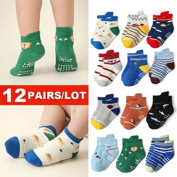 12 ПАР нескользящих носков для маленьких мальчиков и малышей, Много милых детских нескользящих хлопчатобумажных носков для пола, весна-осень