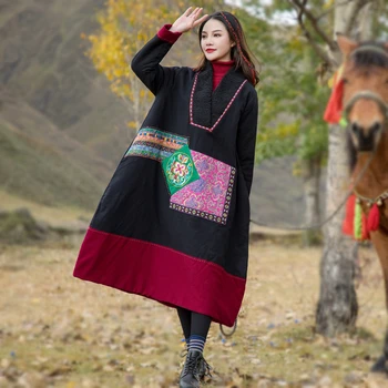2020 зимний Азиатский этнический стиль, халат большого размера, женская хлопчатобумажная куртка с льняной вышивкой, версия A, толстая хлопчатобумажная Длинная куртка
