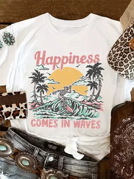 20224 Новая женская футболка для пляжного летнего серфинга, винтажная женская футболка с изображением скелета серфера Sea Wave Beach Sunshine С принтом кокосовой пальмы