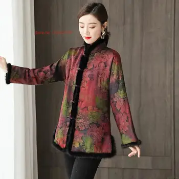 2024 китайское винтажное пальто в стиле ретро hanfu топы со стоячим воротником, утепленное теплое пальто с традиционным цветочным принтом, китайская хлопчатобумажная куртка