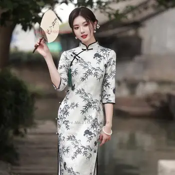 2024 китайское традиционное платье ципао национальное замшевое платье чонсам с бамбуковым принтом восточное элегантное вечернее платье для банкета
