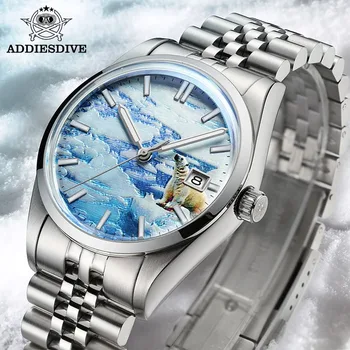 ADDIESDIVE Уникальные автоматические механические часы 3D Glacier 39 мм из нержавеющей стали с пузырьковым зеркальным стеклом и календарем 100 м Светящиеся часы