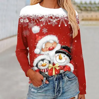 Anbenser Рождественская футболка, женские топы, весна-осень, Снеговик, 3D печать, повседневная свободная футболка с длинным рукавом и круглым вырезом, пуловер