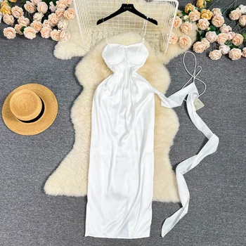 Foamlina 2023, Летнее Модное Женское Пляжное Длинное платье, сексуальное Белое платье на тонких бретельках, без рукавов, с открытой спиной, с высокой талией, тонкое праздничное платье