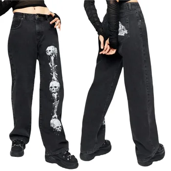 Halloween Women Y2K Готические винтажные мешковатые джинсы с высокой талией и принтом черепа, прямые брюки, брюки с карманами, уличные джинсы