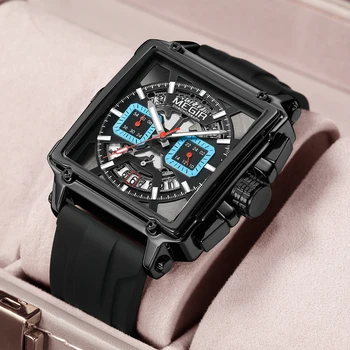 MEGIR Новые спортивные кварцевые часы с хронографом для мужчин, силиконовый ремешок, водонепроницаемые светящиеся многофункциональные модные квадратные часы