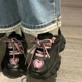 SHANPA Черные Модные массивные кроссовки Женская обувь на платформе Heart Повседневная Роскошная спортивная обувь Дышащая Вулканизированная Новая женская обувь