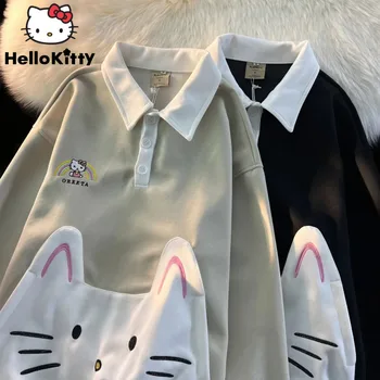 Sanrio Hello Kitty Рубашка Поло С Длинным Рукавом Топ Женский Американский Винтажный Элегантный Дизайн Y2k Пуловеры Для Девочек Свободная Повседневная Одежда С Карманами