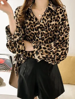 TPJB Осенняя элегантная модная рубашка с отложным воротником и леопардовым принтом, женская блузка с длинным рукавом Harajuku Y2K, Свободный повседневный кардиган, блузка