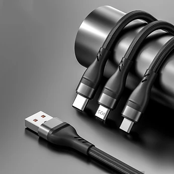 USB-кабель для передачи данных 3в1 6A 100 Вт для iPhone 14 13 12 Pro 11 Быстрое зарядное устройство Кабель для зарядки Type C для HUAWEI Xiaomi Micro USB провод
