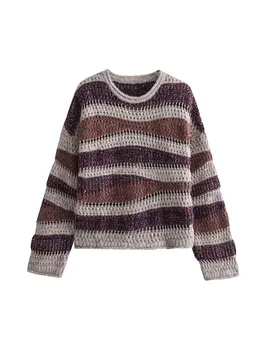 ZADATA/ новый женский повседневный и универсальный модный теплый вязаный свитер в полоску с круглым вырезом и длинными рукавами