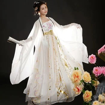 Белая женская рубашка Hanfu времен династии Тан, расшитый древний костюм, Повседневная фея, элегантная женщина, китайские платья