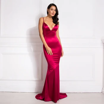 Бордовое платье-русалка с глубоким V-образным вырезом, облегающее платье в пол из эластичного атласа с открытой спиной, вечернее платье для вечеринки