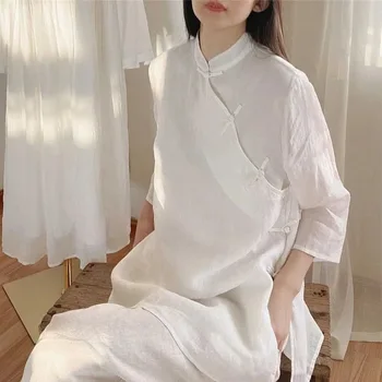 Весенне-осенняя новая рубашка с ветровыми пуговицами в стиле Китайской Республики, ретро, с наклонным клапаном, Улучшенный тонкий топ-чонсам средней длины, Однотонный
