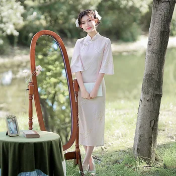 Весна 2023, Элегантные повседневные платья для молодых девушек Cheongsam, тонкое женское платье в китайском стиле ципао с кружевной вышивкой.