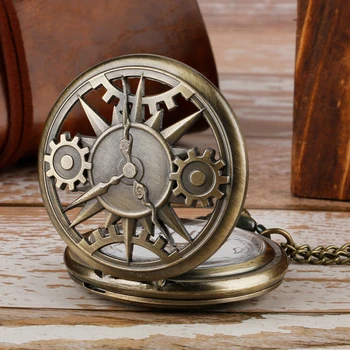 Винтажные карманные кварцевые аналоговые часы с рисунком зубчатого колеса в стиле панк с бронзовым ожерельем длиной 80 см, ретро-подарки для мужчин и женщин