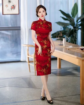 Винтажный Сексуальный Атласный китайский женский Ципао с цветочным принтом, короткий рукав, Ципао Длиной до колен, Вечернее платье для выпускного вечера, Вечернее платье