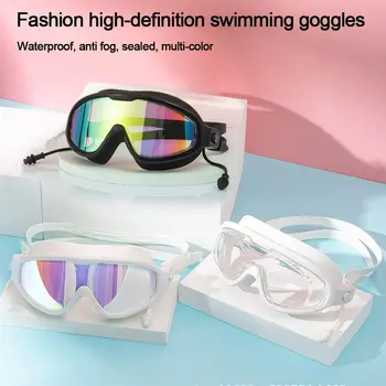 Водонепроницаемые противотуманные очки для плавания для взрослых с затычками для ушей, очки для плавания с широким обзором, Очки для плавания в большой оправе высокой четкости