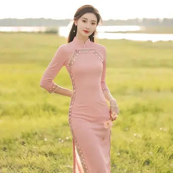 Вышитый шелком Длинный Чонсам 2023, Новый Кружевной край, Улучшенные Вечерние платья в китайском стиле Ципао, Женское платье для церемонии
