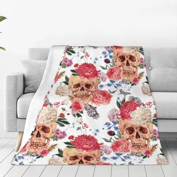 Вязаное одеяло с цветочным рисунком черепа, Пиона и бабочки, Флисовое Винтажное модное легкое покрывало для дивана в спальне, покрывало на кровать