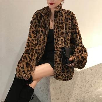 Женская винтажная леопардовая верхняя одежда на молнии с воротником-стойкой 2023, зимняя куртка, женские свободные негабаритные пушистые пальто, женская повседневная уличная одежда