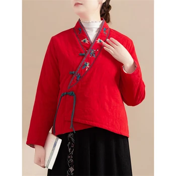 Женская зимняя улучшенная куртка с вышивкой Hanfu в стиле ретро, Хлопчатобумажная льняная куртка в китайском стиле, свободные повседневные топы, пальто, подарок для девочки