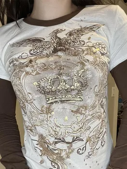 Женская рубашка Y2k с длинным рукавом Винтажный облегающий укороченный топ Футболки Осенняя одежда в стиле гранж Эстетичные топы