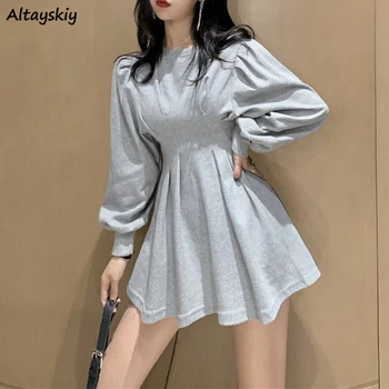 Женские мини-платья с пышными рукавами, однотонные плиссированные, с мягким характером, в корейском стиле, милая уличная одежда для отдыха, трапециевидная, тонкая, элегантная, горячая