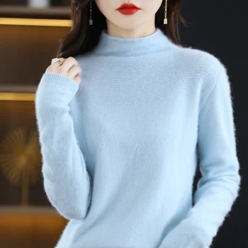 Женский пуловер с полувысоким воротником из 100% чистого норкового бархата, повседневный вязаный модный осенне-зимний новый толстый теплый топ