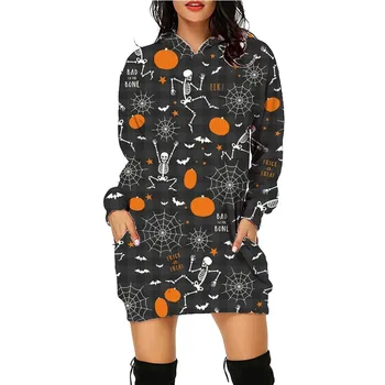 Женский свитер средней длины с Капюшоном и карманами с принтом на Хэллоуин, с длинными рукавами, зимняя одежда, женские толстовки, топы, Длинные толстовки
