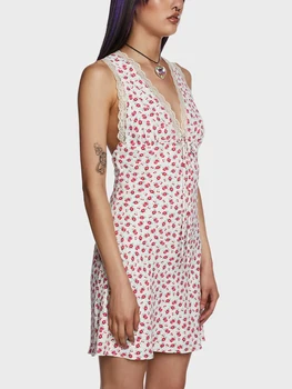 Женское летнее мини-платье с цветочным рисунком, без рукавов, с открытой спиной, с глубоким V-образным вырезом, с кружевной отделкой, пляжное платье