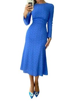 Женское платье Миди, Элегантное Повседневное платье с круглым вырезом и цветочным принтом с длинным рукавом, Осеннее платье
