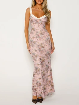 Женское платье-комбинация Y2k с цветочным принтом, на бретельках, без рукавов, облегающее макси-платье, Летние коктейльные длинные платья для вечеринок