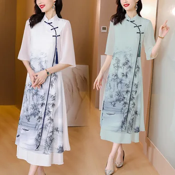 Женское современное платье Ципао Aodai Cheongsam в традиционном китайском стиле в стиле ретро Hanfu, женское Свободное элегантное шифоновое платье Zen Tea