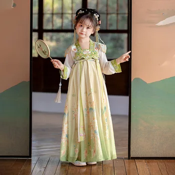Зеленая китайская традиционная вышивка, халат для косплея Hanfu Для девочек, танцевальный комплект, Костюм Феи, Одежда для девочек, детское платье Династии Хань