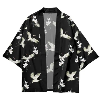 Кардиган-кимоно с цветочным принтом Журавля, мужской японский Традиционный повседневный Свободный тонкий комплект, пальто, Брюки, Азиатская одежда Harajuku