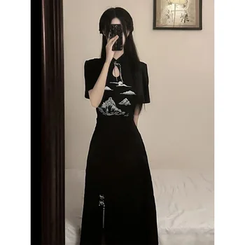 Китайская традиционная одежда cheongsam chi-pao, Женская Летняя футболка с вышивкой, Топ, комплект из двух предметов, Черное платье Хепберн, комплект