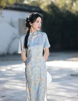 Китайские традиционные восточные вечерние платья Qipao с воротником-стойкой, длинное платье Cheongsams с синим принтом.
