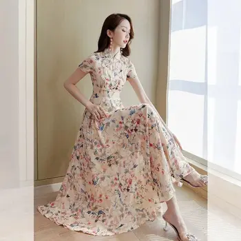 Китайское Ципао, шикарное и элегантное кружевное платье трапециевидной формы с коротким рукавом в стиле ретро, Улучшенное женское платье Чонсам с цветочным принтом на каждый день