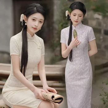 Китайское элегантное винтажное современное кружевное женское повседневное платье ципао Cheongsam Традиционная одежда