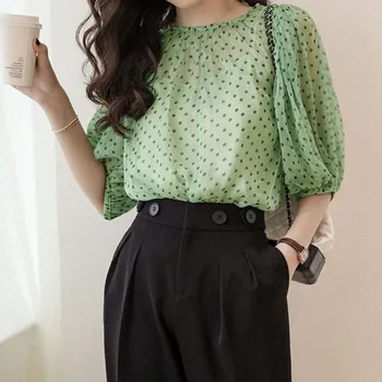 Корейская модная Женская шифоновая рубашка с принтом в горошек 2023, Летняя повседневная универсальная блузка с круглым вырезом и пышными рукавами, Женская одежда
