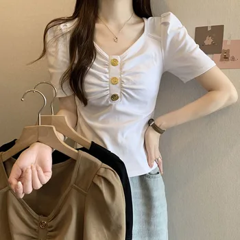 Корейская уличная одежда Y2k Летняя мода Золотые пуговицы Белая футболка с коротким рукавом для женщин 2023 Ropa De Mujer