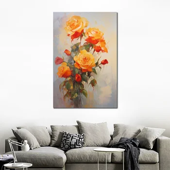 Красные и желтые розы, цветочная картина маслом, печать на холсте, индивидуальный подарок для оформления стен гостиничного холла