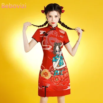 Красный Национальный модный Чонсам с принтом для девочек, Лето 2022, Новый стиль, Китайское платье для юных улучшенных девочек, Жареная улица