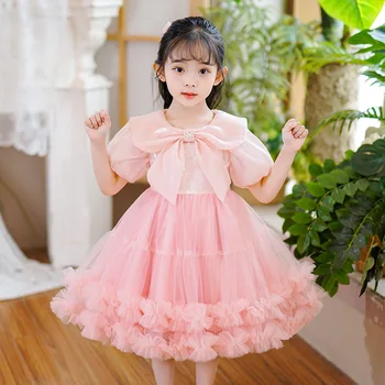 Летнее розовое платье с блестками для девочек, свадебное платье для дня рождения, платья принцессы для девочек с коротким рукавом, детская одежда
