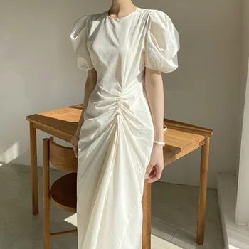 Летнее элегантное платье во французском стиле, женское винтажное платье трапециевидной формы с пышными рукавами на шнуровке