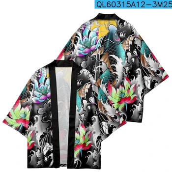 Летнее японское традиционное Кимоно Хаори с принтом Карпа, куртка, Рубашка, Мужской Женский Кардиган, Юката, Пляжная одежда