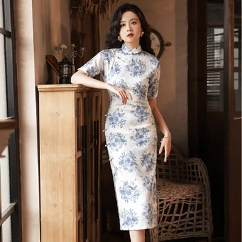 Летний элегантный длинный Чонсам, элегантная модная банкетная фотография, повседневное вечернее платье в китайском стиле в стиле ретро, современное ципао для женщин