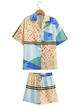 Летняя женская новая рубашка с геометрическим принтом и короткими рукавами, Модные свободные повседневные шорты с высокой талией, женская одежда для пляжного отдыха